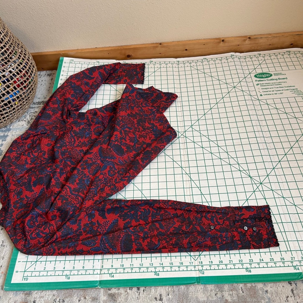 J.Crew Collection Size 16 Shirt Slim Ruffle Scallop Paisley Cotton Red Navy Boho - Picture 7 of 10